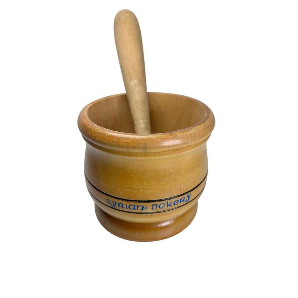 Vtg Large Wooden Mortar Pestle Set Herb Spice Grinder Syrian Bakery 4"x4"
